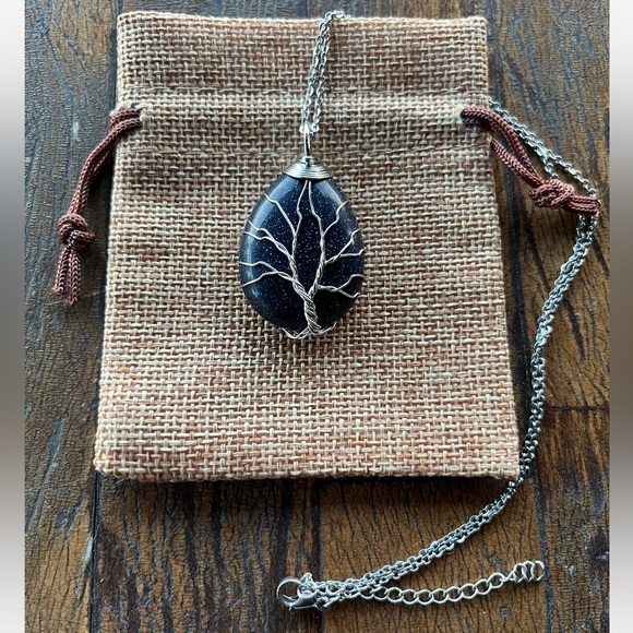 Brand New Wire-Wrapped Blue Sandstone Drop Necklace Crystal Drop Necklace - Picture 1 of 2